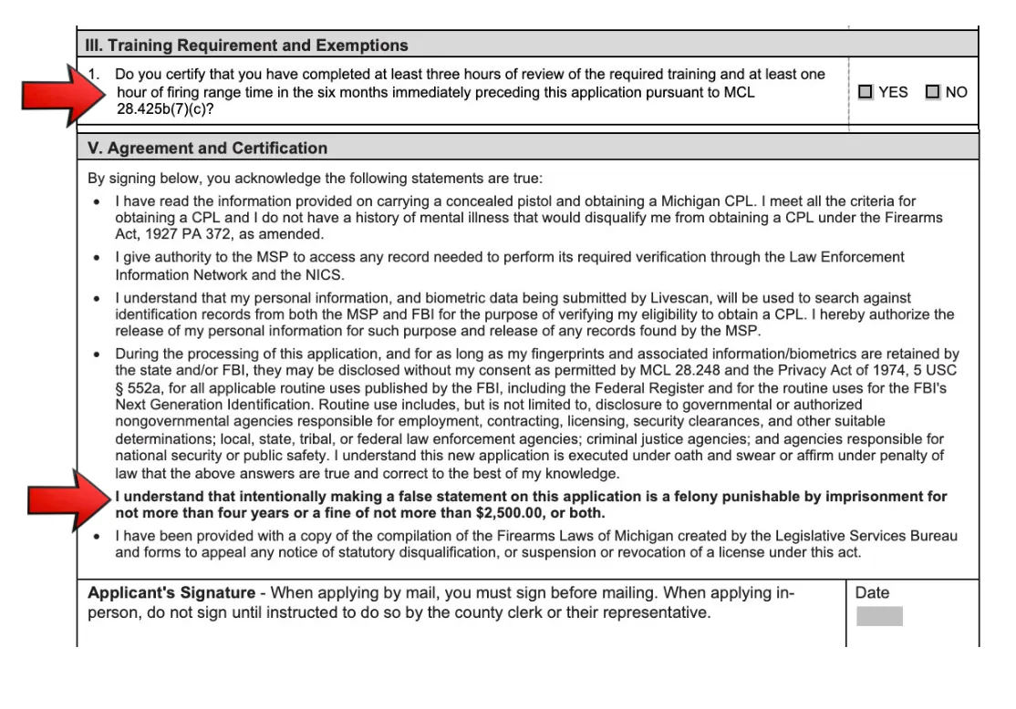Section III of the Michigan CPL renewal application: the affidavit certifying three hours of training review and one hour of range time.